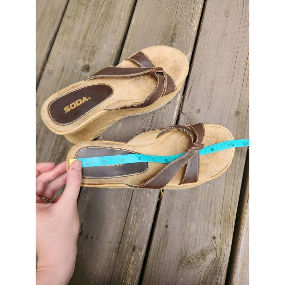 Vintage 90s Y2K Soda Platform Sandals Brown Espadrille Wedge Thong Knotted 9
